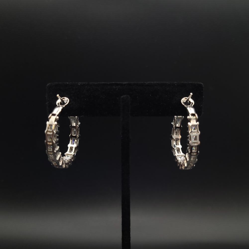 Silver Tone CZ Baguette Hoop Earrings Eternity Style Sparkly Hoops